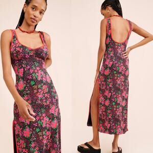 Free People Clementine Floral Midi Dress Sweatheart Knit Tank Side Slit Red Boho
